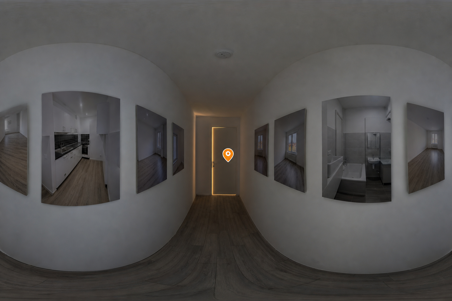 Schmaler Flur mit gerahmten 2D-Fotos statt einer 360°-Tour