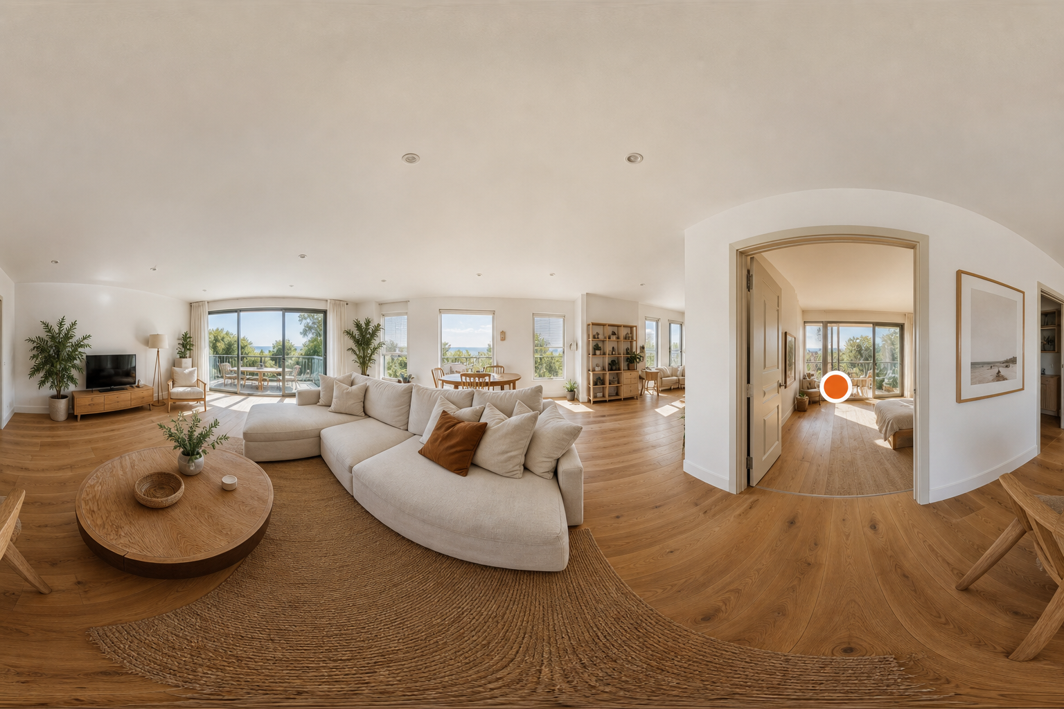 360°-Panorama-Ansicht mitten in einem hellen Wohnzimmer
