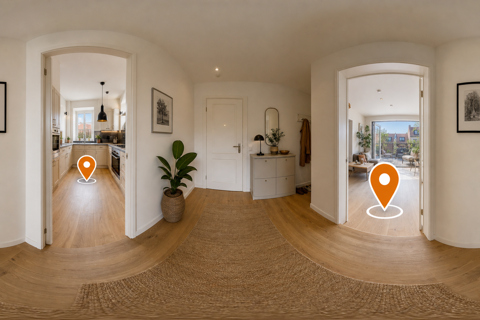 Diele mit zwei Amber-Hotspots zu Küche und Terrasse