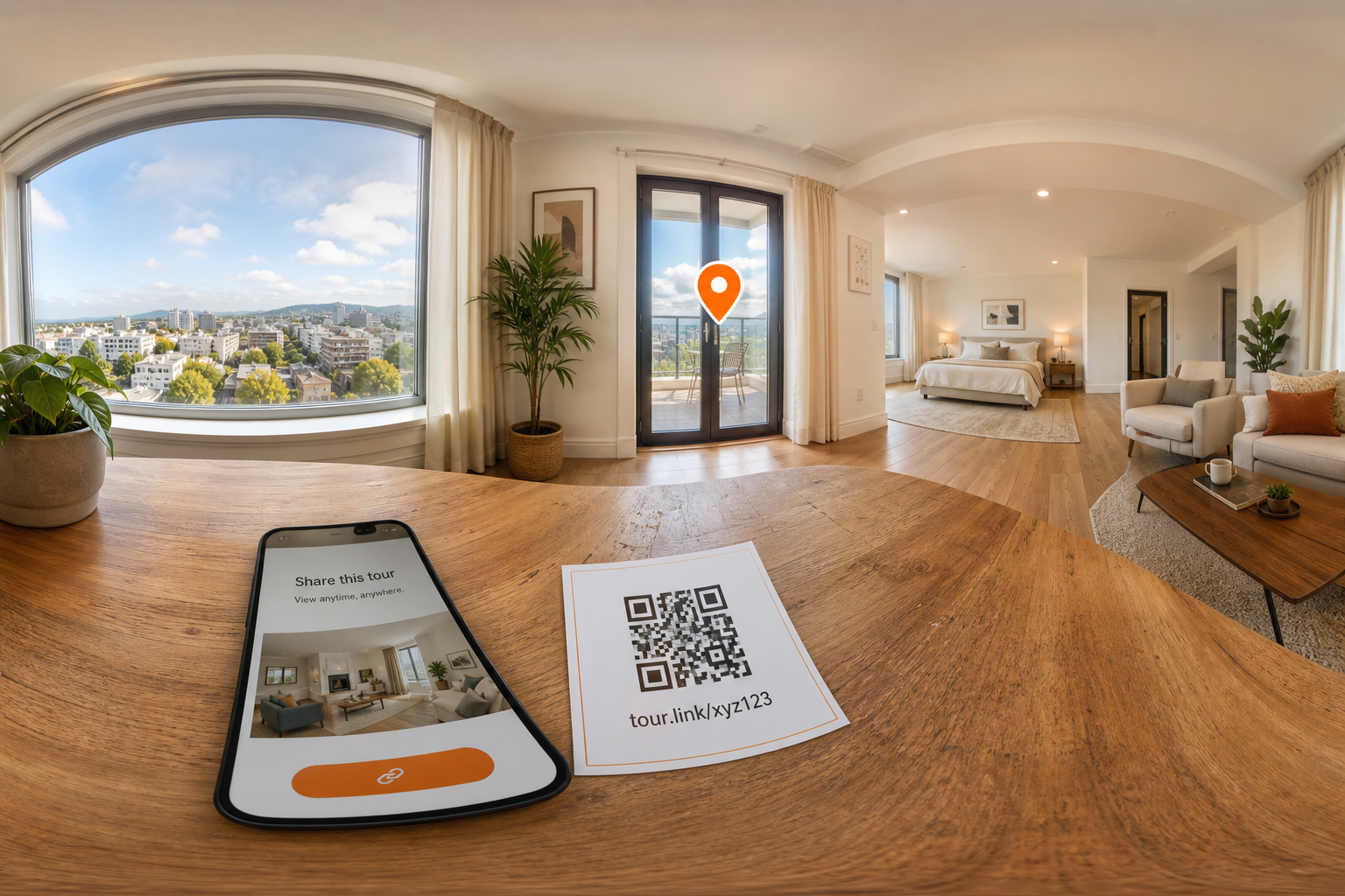 Heller Raum mit Smartphone und QR-Code zum Teilen der Tour